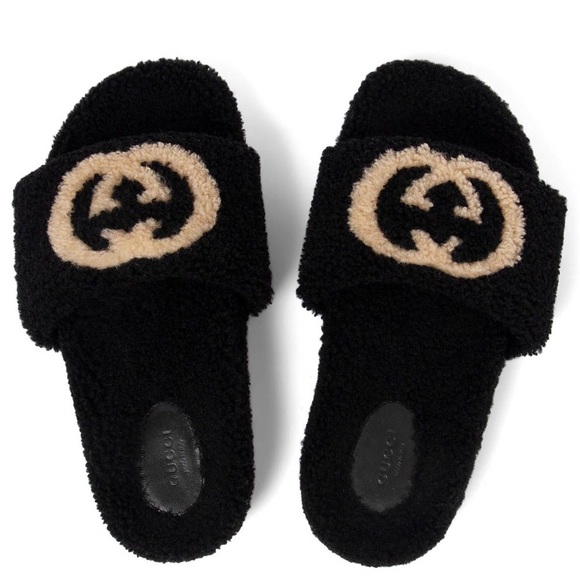 New Gucci GG logo Shearling Eileen Teddy slides in black with Interlocki… - Picture 1 of 12